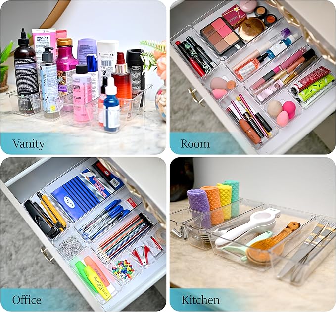 ZMS ZMS Bathroom Organizers and Storage (15 pcs) - 4-Size Multi Compartments Shallow Makeup Drawer Organizer for Kitchen Utensils & Office Accessories | Unbreakable Drawer Trays Bins for Organization