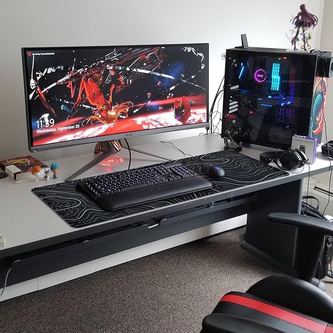 Gaming Mouse Pad Large 31.5 x 11.8in Topographic Keyboard Mousepad for Non-Slip Base and Stitched Edge, Extended Desk Pad XL Desk Mat (Black)