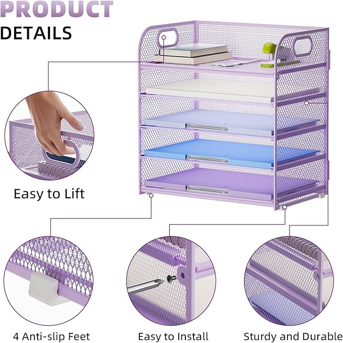 Marbrasse Paper Organizer Letter Tray, 5 Tier Mesh File Organizer with Handle, Paper Sorter Desk Organizer for Home Office Supplies - Purple
