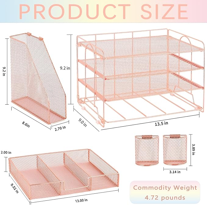 Desk Accessories - Workspace Organizer with 2 Pen Holders, 4 Tier Paper Organizer (Rose Gold)