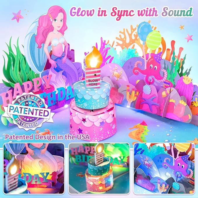 Birthday Card with Light&Music, Mermaid 3D Pop up Greeting Cards with Blowable Candle Birthday Gifts for Women Girls Daughter Sister Kids