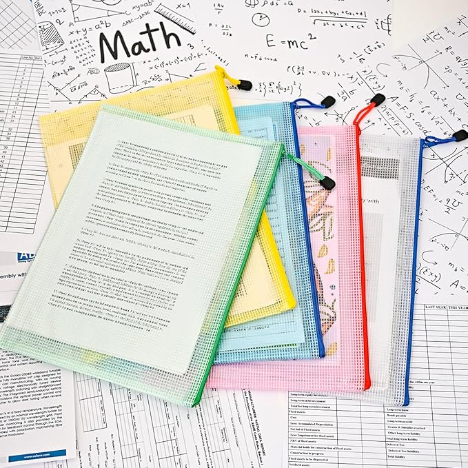 AUSTARK 10 Pcs Zipper File Bags, Waterproof Plastic Mesh Pouch for Office School, Board Game Storage Bags (A4 Size 13.4''x9.4'', Multicolored)