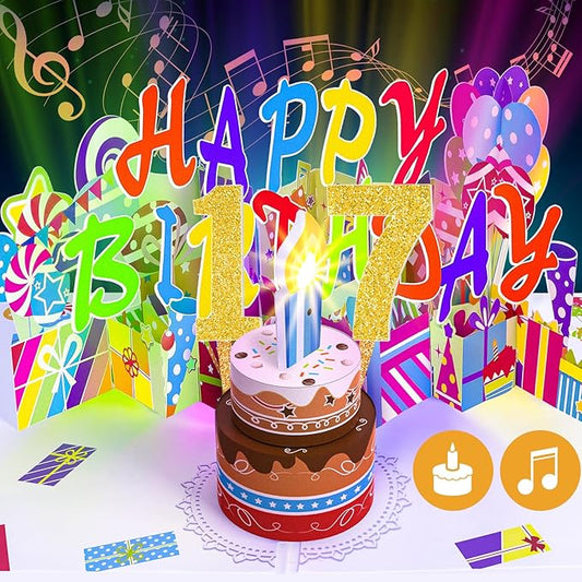 Gumry 17TH Birthday Card, Blowable Musical Birthday PopUp Card with LED Light Candle Song 'Happy',17th Birthday Decorations,17th Birthday Gifts for 17 Years Old Girls Boys Teens Son Daughter