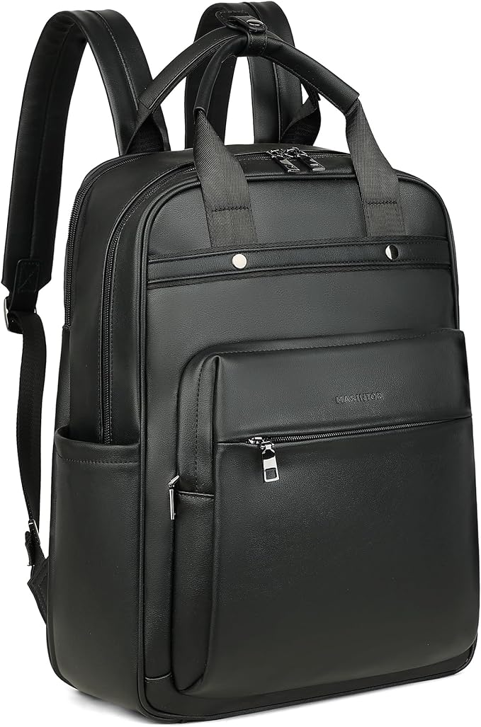 MASINTOR Leather Laptop Backpack for Women, Stylish Computer Backpack College Business Work Shoulder Bags Work and Travel Black