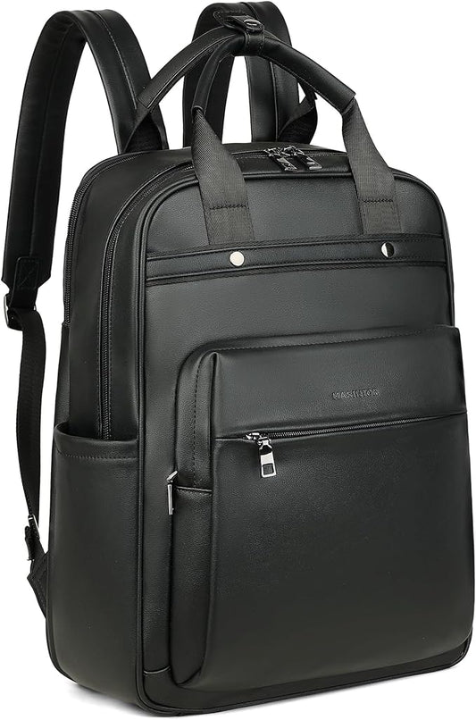 MASINTOR Leather Laptop Backpack for Women, Stylish Computer Backpack College Business Work Shoulder Bags Work and Travel Black
