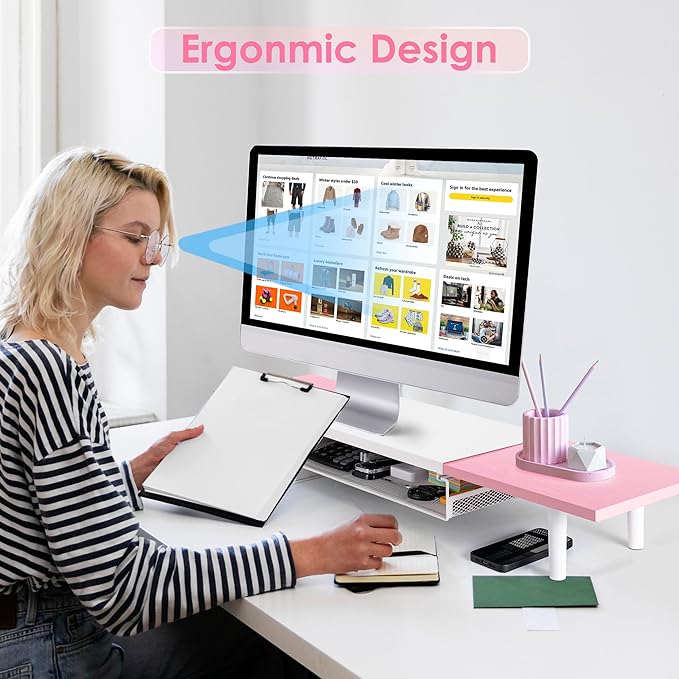 Dual-Computer-Monitor-Stand-Riser For Desk, Expandable Desk Shelf With Drawer For 2 Monitors, Desk Accessories & Workspace Organizers,TV Riser, Desktop Double Laptop Riser With Storage