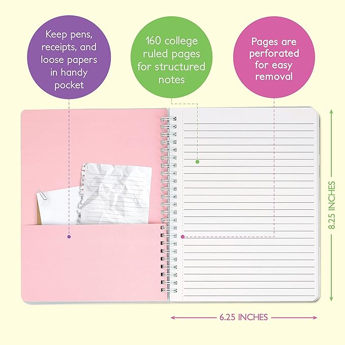 Sweetzer & Orange S&O Cute Spiral Notebooks - College Ruled Spiral Notebook with Pockets - Hardcover Notebook for Women - Cute Notebooks for School & Journal - 80 Double-Sided Pages, 6.25" x 8.25”