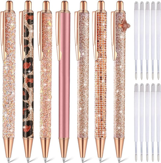 Sherr 7 Pcs Fancy Pens for Women Cute Sparkly Glitter Pens with 10 Pcs Black Ink Refills Pretty Gifts for Girls Office School Christmas Graduation(Rose Gold,Elegant)