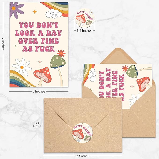 Funny Birthday Card for Wife Girlfriend, You Don't Look a Day Over Fine as F*ck, Rainbows Birthday Greeting Card, Humorous Greeting Card with Envelope for Birthday or Anniversary