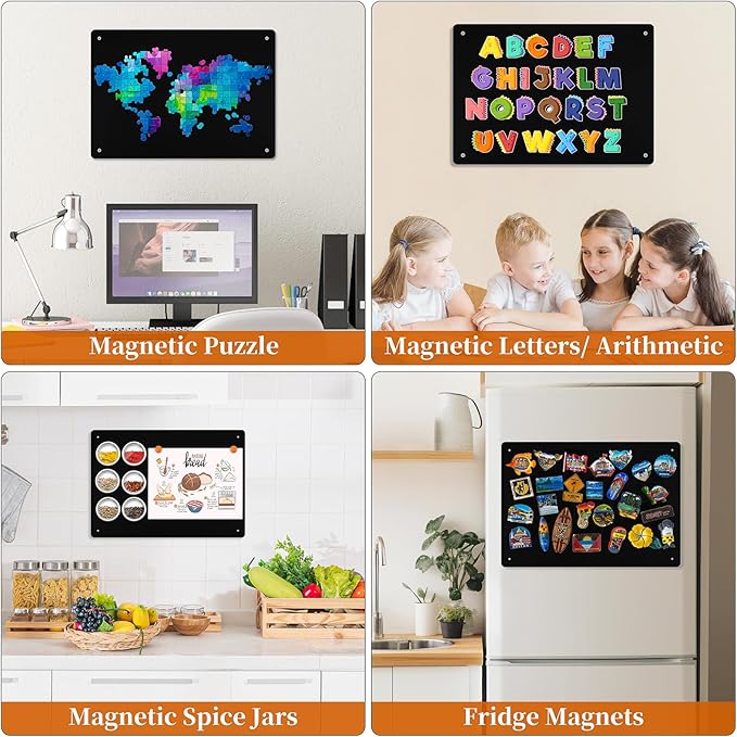 2 Pack Magnetic Board Black, 17" x 12" Metal Bulletin Board for Wall to Display Magnetic Notes, Stickers, Photos, Suits for Wall, Cabinet, with Dual Lock Tape and Screws for Easy Hanging