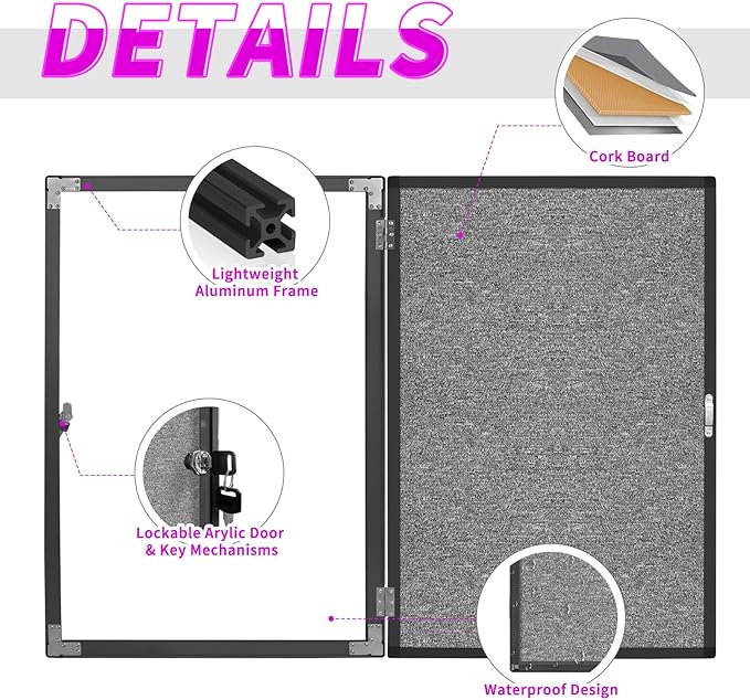 Outdoor Enclosed Bulletin Board, Grey Felt Weatherproof Notice Noticeboard with Clear Acrylic Locking Door, Wall-Mounted Black Aluminum Framed Display Case,36x24in (5xA4)