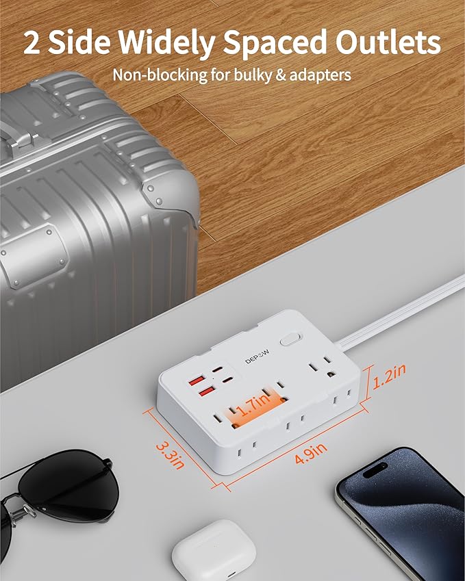 Surge Protector Power Strip with Flat Plug, 10 FT Extension Cord with 6 AC Outlets 4 USB Ports(2 USB-C),1050J Surge Protection, Wall Mountable Charging Station for Office, Home, White