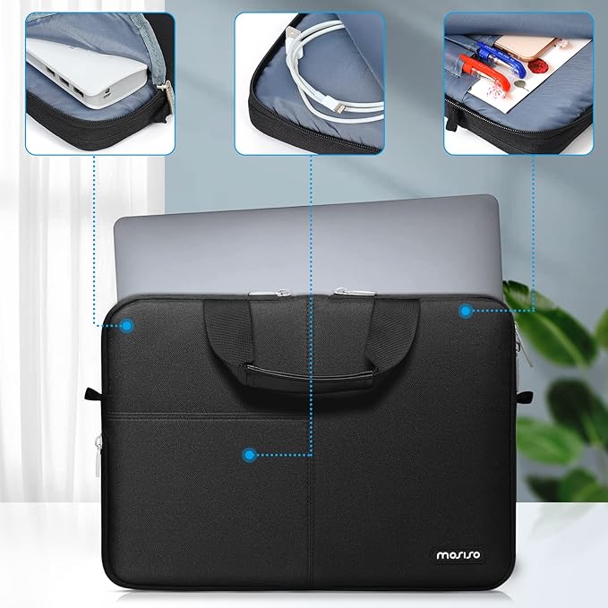 MOSISO Laptop Shoulder Bag Compatible with MacBook Air/Pro,13-13.3 inch Notebook,Compatible with MacBook Pro 14 inch 2023-2021,Polyester Briefcase with Front 3 Rectangle Separate Pockets & Belt, Black