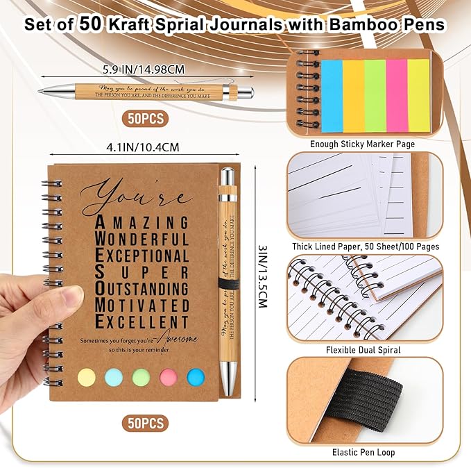 Jetec 50 Sets Bulk Employee Appreciation Gifts Bulk Inspirational Spiral Notebook with Note Ballpoint Pen Thank You Gifts for Volunteer Social Worker Nurse Staff Coworker Students (Amazing)