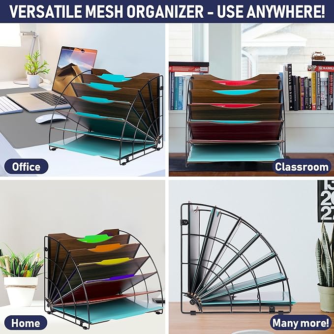 Dasher Products Fan-Shaped Office Desk Organizer, 6 Compartments with Wood-Patterned Shelves for Storing Paper, Bills, Letters, and Office Supplies. Multi-Functional Desk Organizers and Accessories