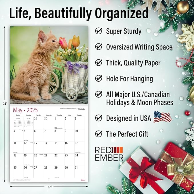 RED EMBER Kittens 2025 Wall Calendar 12 Month | 12" x 24" Open | Thick & Sturdy Paper | Giftable | Calendar 2025