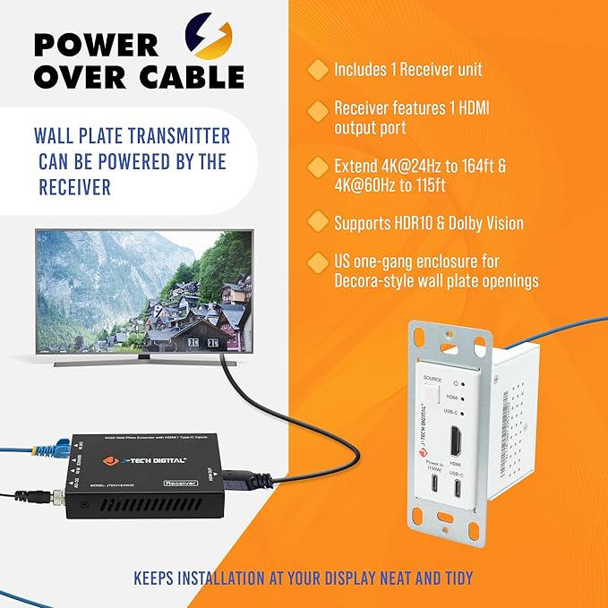 J-Tech Digital 4K HDMI & USB C Extender Over Single Cat5 5e 6 7 Cable, Up to 164ft Wall Plate Over Ethernet HDR Dolby Vision USB-C Charging Port, PoC, IR, Auto-Switch [JTECH-EXW30]
