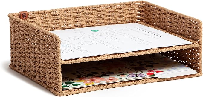 U Brands Woven Two-Tier Paper Tray, Rattan-Inspired Wicker Style Office Organization Supplies, 1 Count