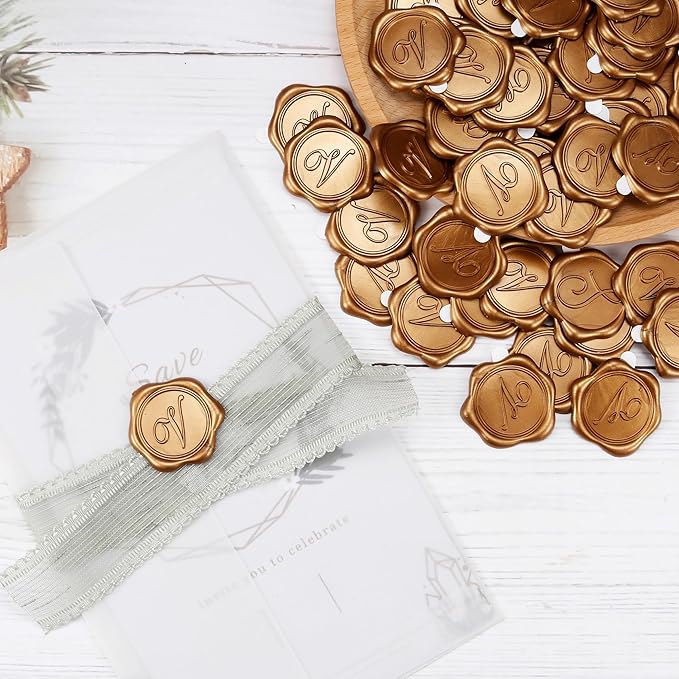 Yoption Initial Alphabet V Adhesive Wax Seal Stickers, 100 Pack Letter Wax Seal Stickers Antique Gold Self Adhesive Envelope Seals for Wedding Party Birthday Christmas (V)