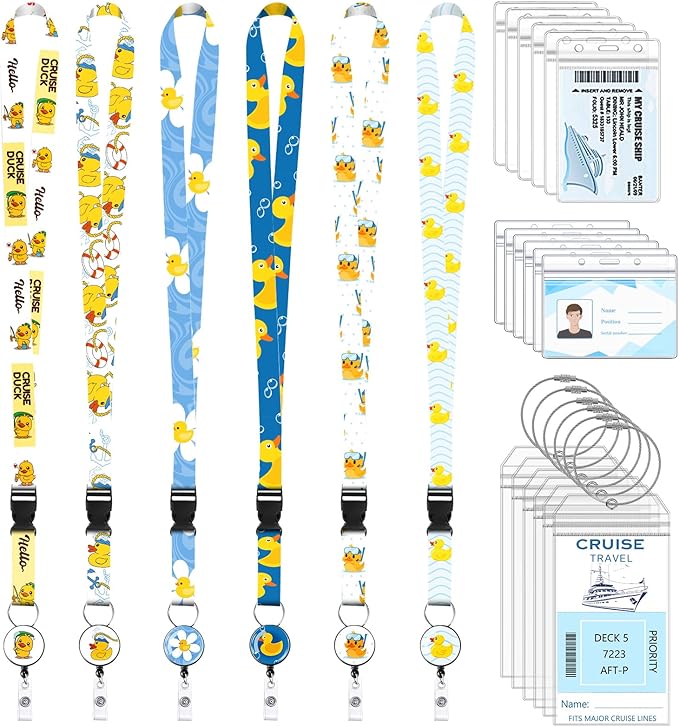 6 Pack Cruise Ship Lanyards, Cruise Lanyards for Ship Key Cards with Waterproof ID Holder Cruise Luggage Tags Retractable Badge Reel & Detachable Buckle for Cruise Essentials (Cruise Ducks)