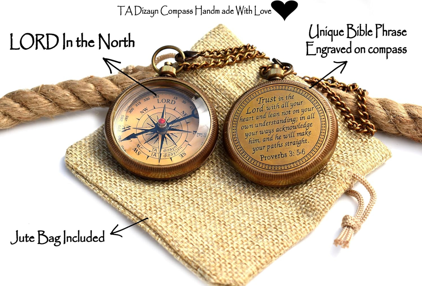 Trust in The Lord With All Your Heart - Proverbs 3:5-6 Quote Engraved Compass With Wooden Box, Greeting Card, Gift Compass, Graduation Day Gifts 2024 for Women Men Boys Girls