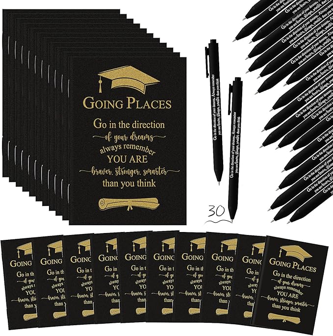 Kosiz 60 Pcs Graduation Gifts Motivational Mini Journal Inspirational Bamboo Pen Kraft Notebooks Bulk Wooden Retractable Ballpoint Pen for Class of 2025 College Gifts (Black)