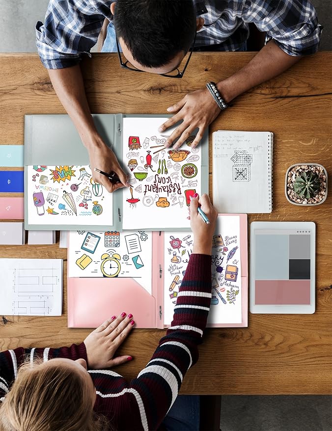 SUNEE 3-Prong Plastic Folders with Pockets (6 Pack, Pastel Colors) 2 Pocket Folders with Fasteners, Tear-Resistant Plastic Pockets, and Fit Letter Size Paper, Use for School Office Home Business