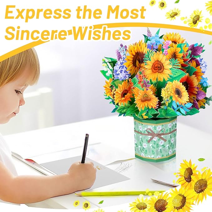 Get Well Soon Pop Up Cards, 3D Paper Flowers Bouquet Greeting Cards Sunflower Birthday Popup Cards Congratulations Gifts for Women Boss Best Friends Mother Parents Birthday Anniversary