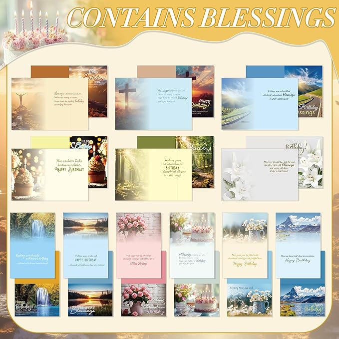 120 Pack Religious Christian Birthday Cards Bulk with Scripture Bible Verse 4.5 x 6.2 Inch Assorted Christian Blessings Greeting Cards for Birthday with Envelopes and Stickers (Scenic Style)