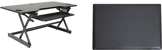 Rocelco 46" Large Height Adjustable Standing Desk Converter with Anti Fatigue Mat BUNDLE - Quick Sit Stand Up Triple Monitor Riser - Retractable Keyboard Tray - Black (R DADRB-46-MAFM)