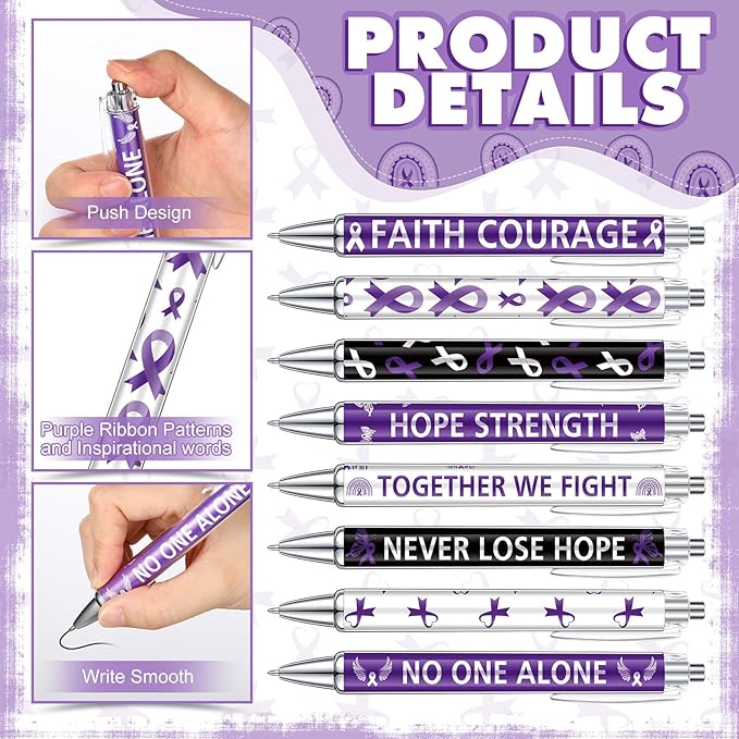 48 Pcs Purple Ribbon Awareness Pens Cancer Awareness Ballpoint Pens Bulk Faith Courage Hope Strength Health Awareness Favor Gifts for Animal Abuse, Alzheimer's, Lupus and Pancreatic Cancer