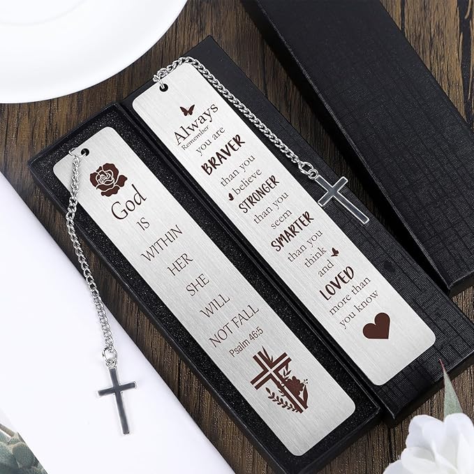 Christian Metal Bookmarks Gifts - 2Pcs Inspirational Bible Verse Bookmarks Gift for Book Lovers Pretty Bookmarker with Cross Pendant for Women Religious Book Mark Gifts for Friends
