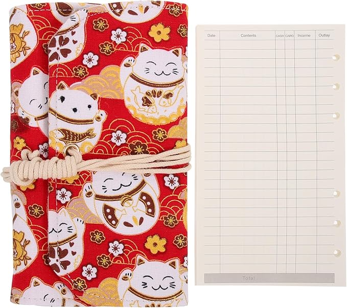 Tofficu A6 Budget Binder Japanese Maneki Neko Lucky Cat 6 Ring Planner Notepads Money Organizer Cotton and Linen Notebook Cover for Cash Bills Coupon Budgeting Expense Saving