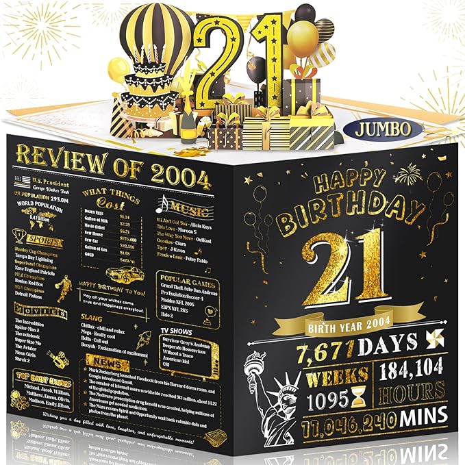 21st Birthday Card for Son Grandson, Jumbo 3D Pop Up 21st Birthday Cards for Boy Girl, Happy 21 Year Old Her Him Daughter Funny Bday Gifts, Review of 2004, Black Gold