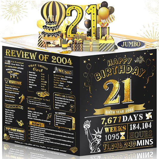 21st Birthday Card for Son Grandson, Jumbo 3D Pop Up 21st Birthday Cards for Boy Girl, Happy 21 Year Old Her Him Daughter Funny Bday Gifts, Review of 2004, Black Gold