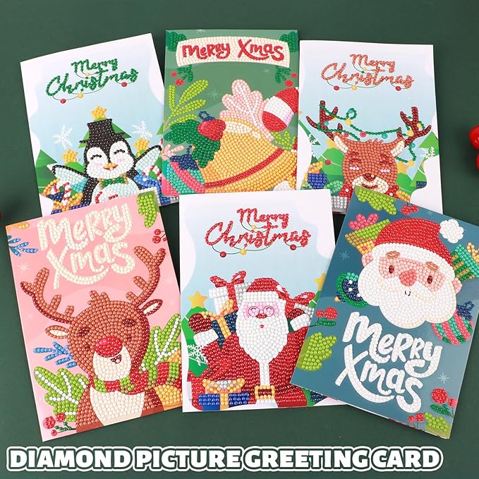 6 Pack 5D Diamond Art Painting Christmas Greeting Card Kits Paint with Diamonds Christmas Greeting Cards with Envelope Christmas DIY Crafts for Holiday, Friends and Family Creative Gift