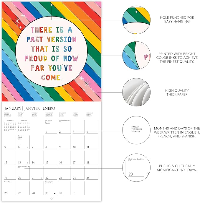 Graphique 2025 The Positive Calendar Wall Calendar | 12” x 12” | Thick Paper | Home & Office Organizer | Large Monthly Grid | 3 Languages & Marked Holidays | 4 Month Preview Page for 2026