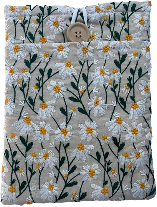 Embroidered White Daisy Book Sleeve. Book Cover/Protector