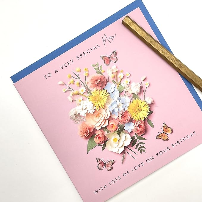 Old English Co. Special Mom Birthday Card for Her - Pink Flower Butterfly Birthday Card for Mom from Son Daughter - Cute Mom Birthday Card | Blank Inside Envelope