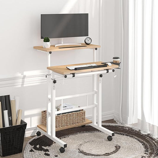 Klvied Mobile Standing Desk with Storage Bottom Shelf, Portable Stand Up Desk with Cup Holder, Adjustable Height Small Standing Desk, Rolling Desk with Wheels, Home Office Laptop Cart, Khaki