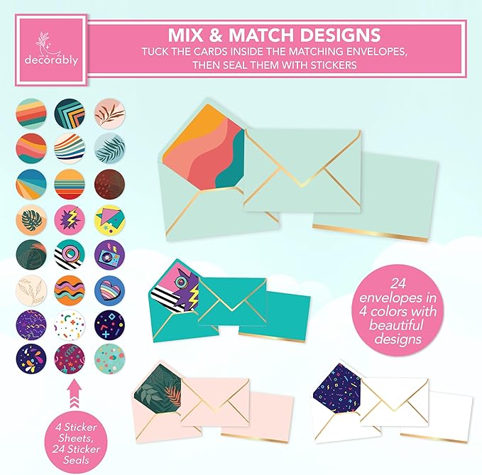 Decorably 24 Pack 6x4in Assorted Thank You Cards with Envelopes & Stickers, 24 Vibrant Designs Thank You Cards Variety Pack, Blank Inside - Birthday, School Events
