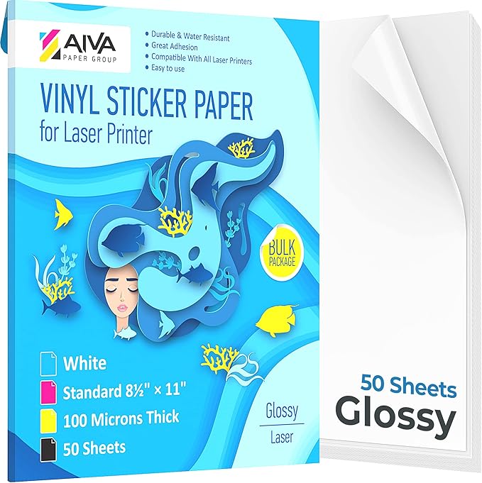 Printable Vinyl Sticker Paper for Laser Printer - Glossy White - 50 Self-Adhesive Sheets - Waterproof Decal Paper - Standard Letter Size 8.5"x11"