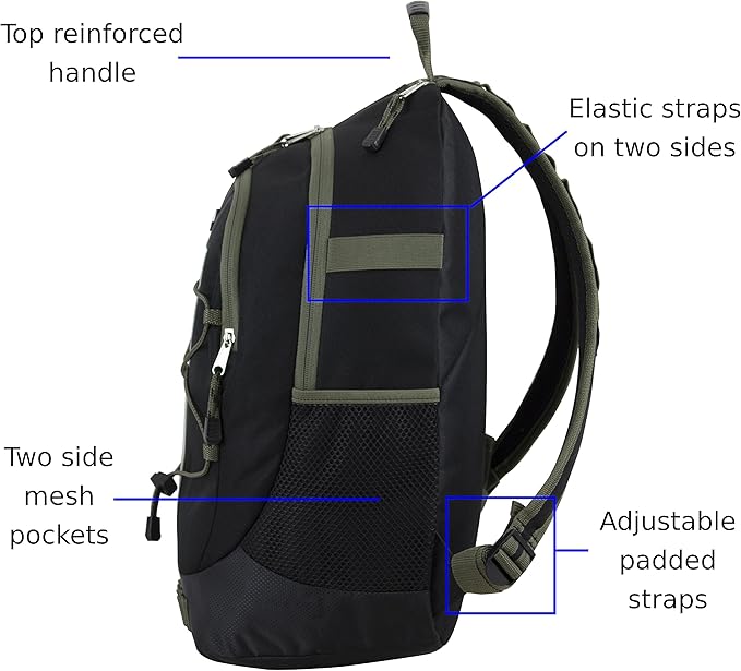 FUEL Hiking Backpack for Women Men Terra Sport, Travel, College, Gym, Work with Laptop Sleeve, Bungee, 18 Inches, Black