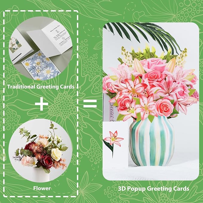 NESCCI Pop Up Cards,Pink Roses&Lilies,12 Inch Forever Flower Bouquet 3D Popup Greeting Cards With Blank Note Card and Envelope,Perfect For Birthday, Christmas, Thanksgiving Day,Mother's Day Gifts