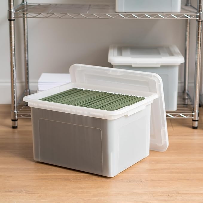 IRIS USA File Box File Organizer Plastic File Box for Letter/Legal File, BPA-Free Plastic Storage Bin Tote Organizer with Durable and Secure Latching Lid, Stackable, Nestable, Pearl 35 Qt. 4 Pack