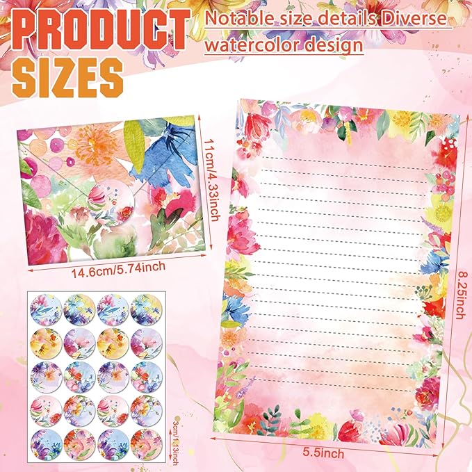 TaoBary 160 Packs Stationery Paper Set (50 Double Sided Stationery Writing Papers 50 Matching Envelopes) 60 Round Dot Sticker, 10 Design(Watercolor Flowers,5.5 x 8.25 Inch)