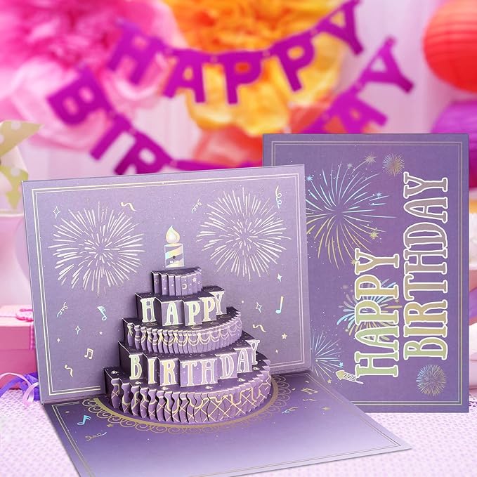 XTF2015 Happy Birthday Cards Fireworks, Lights, Music and Sound Fireworks Cake 3D Pop Up Birthday Cards Gift with Envelope and Note Tag for Women, Men, Kids, Wife, Mom, Husband