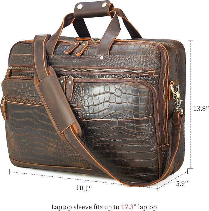 Polare X-Large 18" Full Grain Leather Briefcase For Men Business Travel Case Messenger Bag Fits 17.3" Laptop