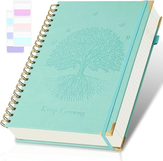 Spiral Notebook, College Ruled Notebook, A5, 300 Pages Leather Journals for Writing, 5.7" x 8.5", Hardcover Journaling Notebooks for Work School, 24pcs Tabs, Large Embossed Journal for Women Men, Teal