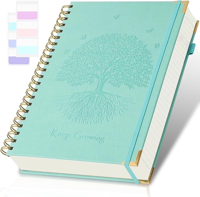 Spiral Notebook, College Ruled Notebook, 8" x 10", 300 Pages Leather Journals for Writing, B5 Hardcover Journaling Notebooks for Work School, 24pcs Tabs, Large Embossed Journal for Women Men, Teal